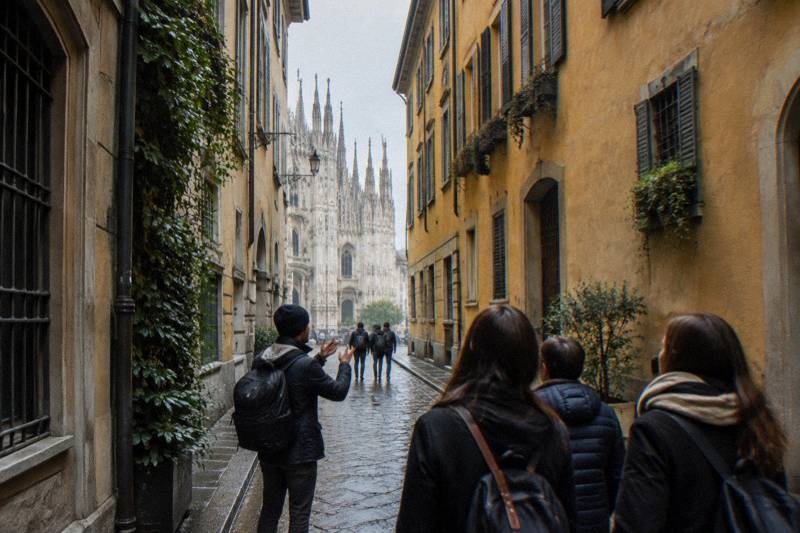 A free walking tour pauses on Via delle Ore, a narrow street directly behind the Duomo in Milan, Italy, on an overcast late morning, tall ochre facades and shuttered windows close overhead, wet cobblestones after rain, distant figures from behind.