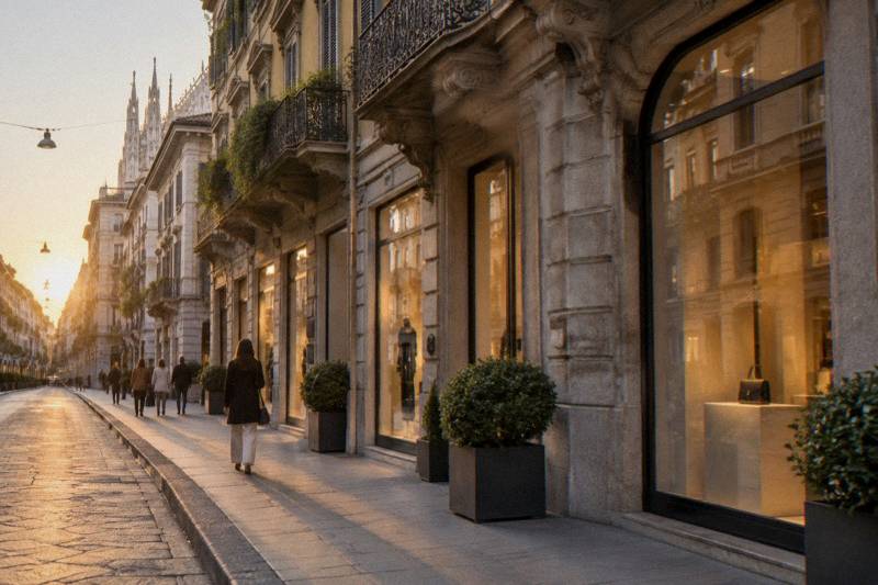 Golden hour on Via Sant'Andrea in the Quadrilatero della Moda district of Milan, Italy, a best-tips walking tour pausing outside a grand 18th-century palazzo facade, warm low sun on old render and wrought-iron balconies, polished shopfront windows reflecting the street.