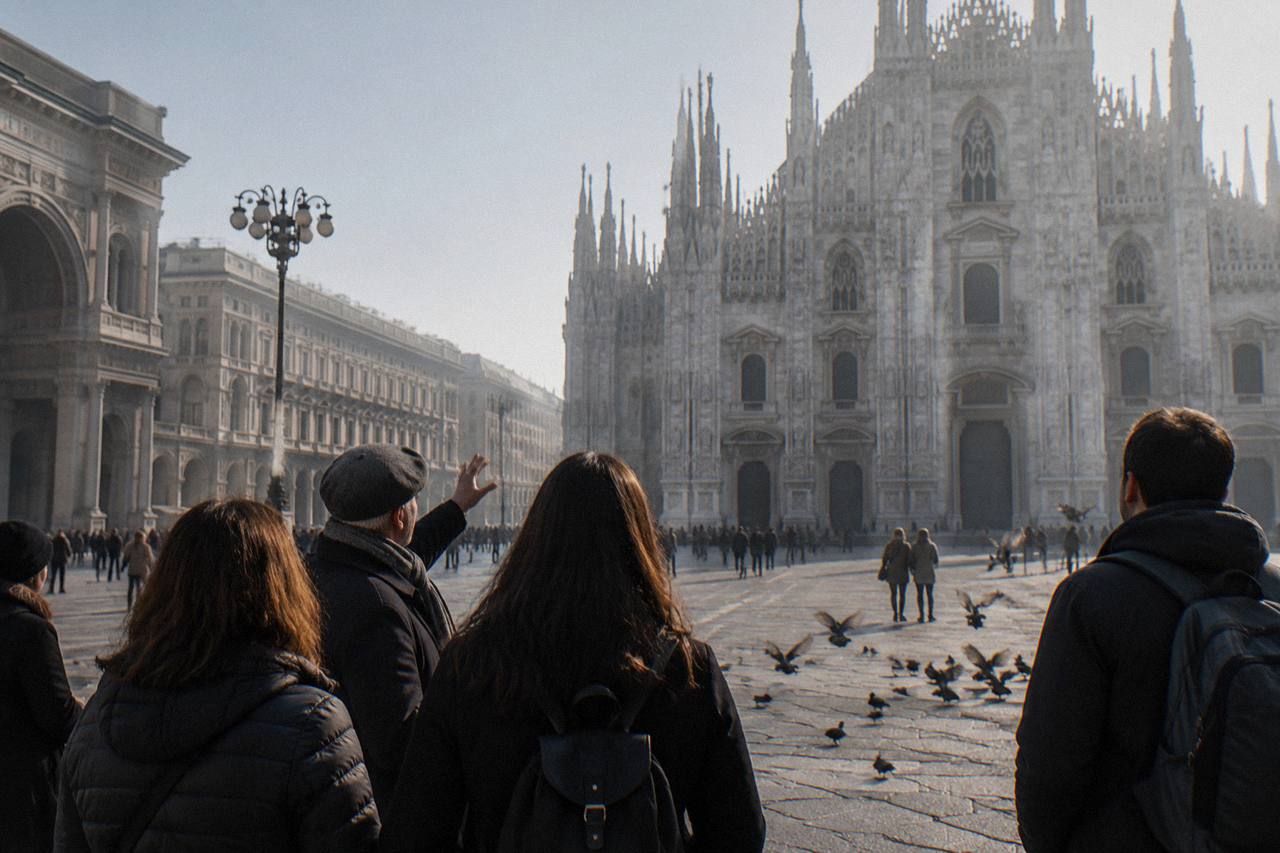 A small group of visitors stands close around a guide near the Duomo di Milano, the cathedral's pale marble spires climbing into a soft morning sky, pigeons scattering across the open square.